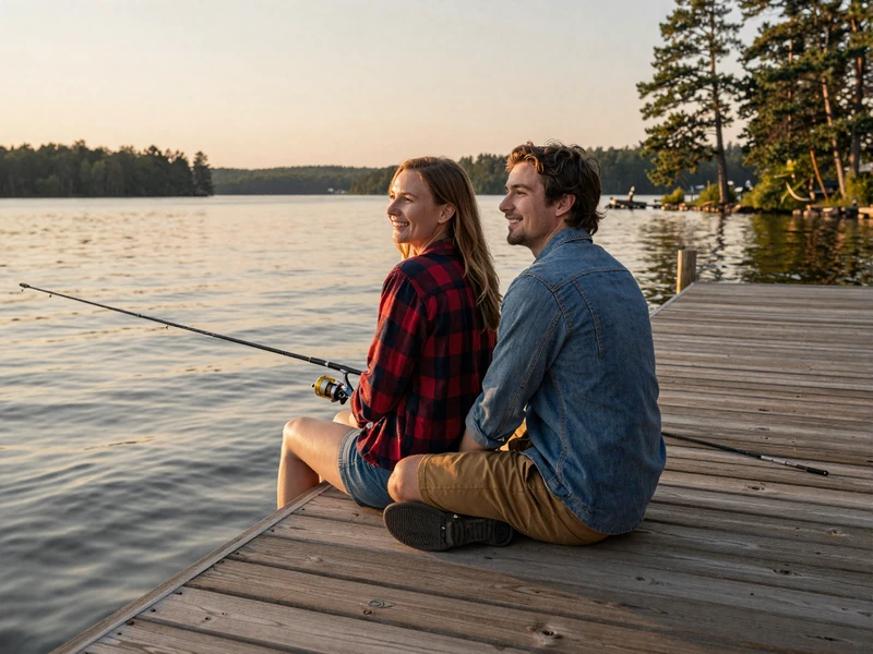 Happy couple sitting on a wooden dock at a Minnesota lake at golden hour with fishing poles and pine trees along the shoreline