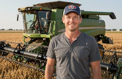 Garrett, 40, Illinois grain farmer from McLean County standing beside his combine in a golden soybean field on Yougotmatched