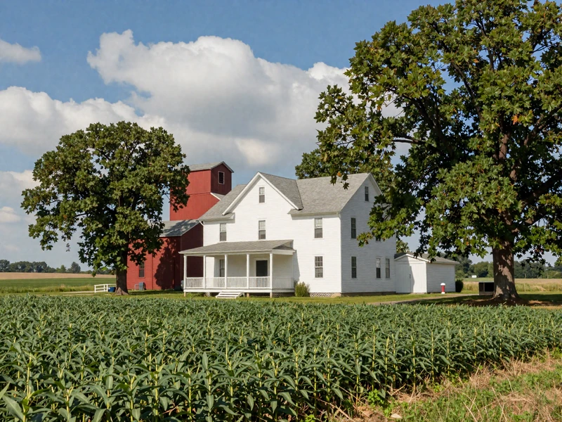 Indiana family farm with white farmhouse and soybean field in the Corn Belt heartland