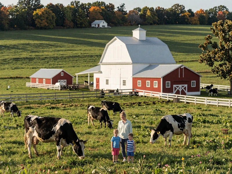 Ohio family dairy farm with white farmhouse and Holstein cows grazing in Amish country rolling pastures