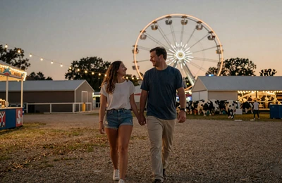 Couple walking through a Southern county fair at twilight with string lights and a ferris wheel in the background