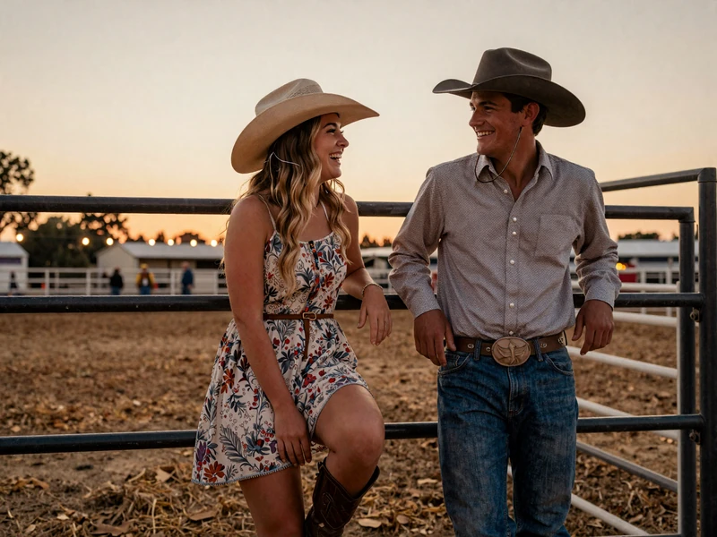 Happy couple at a Texas rodeo enjoying country music and evening lights at the arena