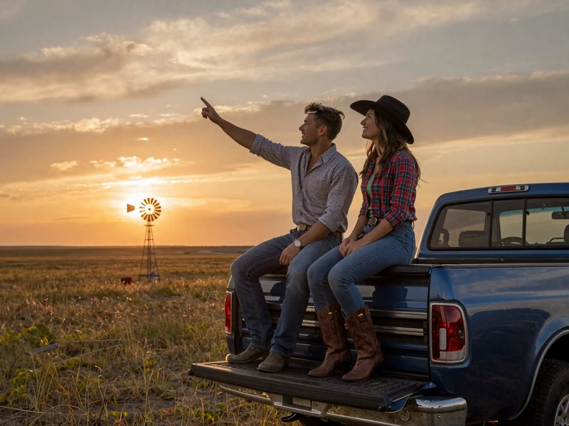 Happy couple sitting on a pickup truck tailgate watching a Nebraska prairie sunset with a windmill silhouette in the distance