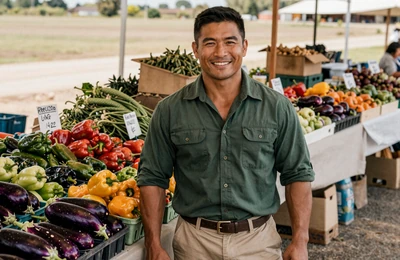 Tou a 38-year-old Hmong-American farmer at his colorful vegetable market stall in Wisconsin