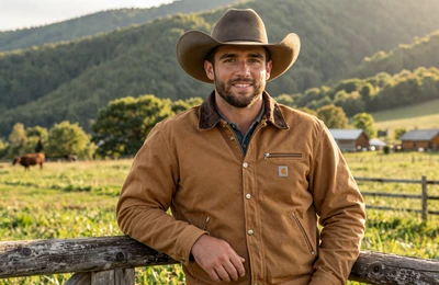 Caleb, 38, West Virginia cattle rancher from Lewisburg leaning on a fence in mountain pasture on Yougotmatched
