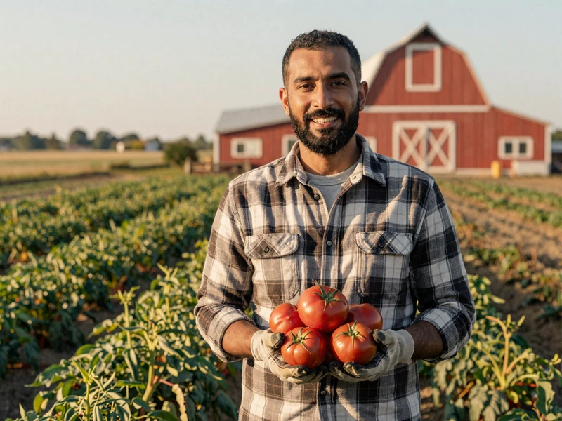Muslim American farmer holding freshly harvested tomatoes in a lush green vegetable field at golden hour