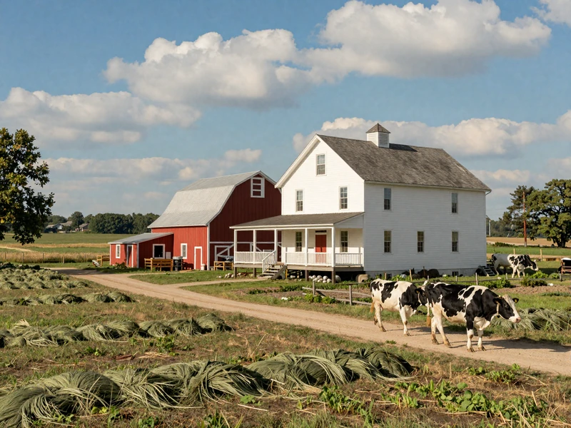 White farmhouse and red barn on a Wisconsin dairy farm surrounded by green hay fields and rolling pastures in summer