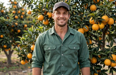 Jake, 36, Florida citrus grower from Polk County smiling in an orange grove on Yougotmatched