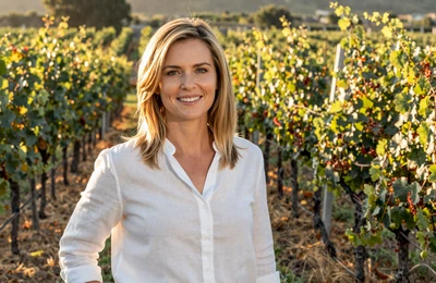 Catherine a 44-year-old vineyard owner standing among grapevines in Napa Valley California