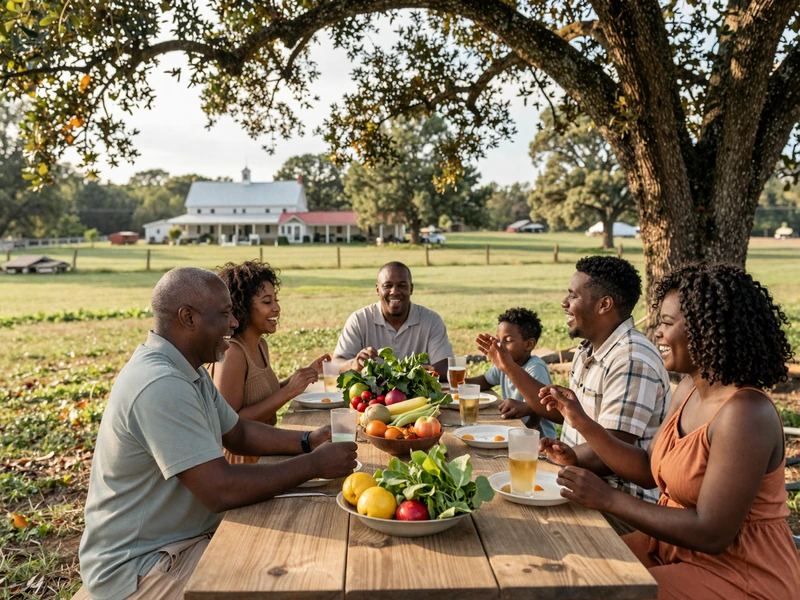 Black American farming family sharing a meal outdoors under oak trees on their Southern homestead