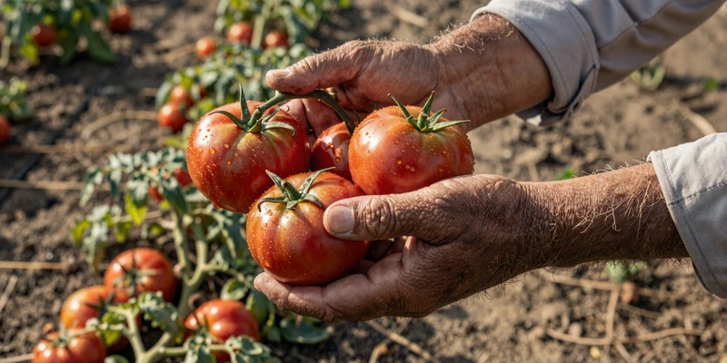 Farmer's weathered hands holding fresh-picked tomatoes in morning light, showcasing the authentic hard-working lifestyle of dating a farmer