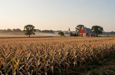Indiana cornfields at sunrise with church steeple among trees and red barn