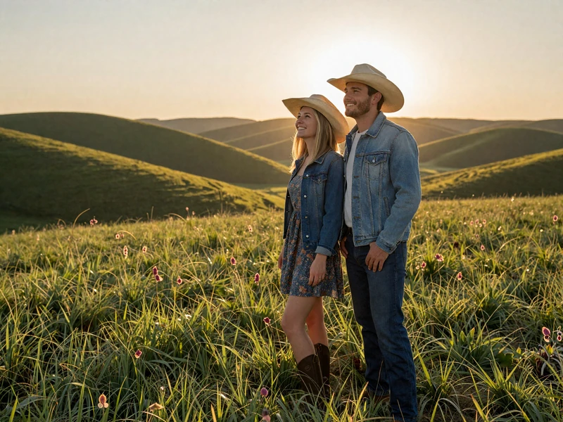 Happy couple enjoying a sunset over the Kansas Flint Hills tallgrass prairie on a warm summer evening