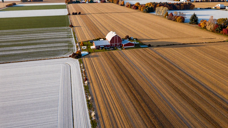 Midwestern farm landscape showing seasonal transitions from winter snow to spring planting to golden summer wheat to autumn harvest