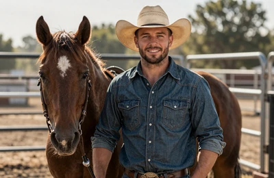 Travis a 38-year-old Texas rancher standing beside his quarter horse at a rodeo arena