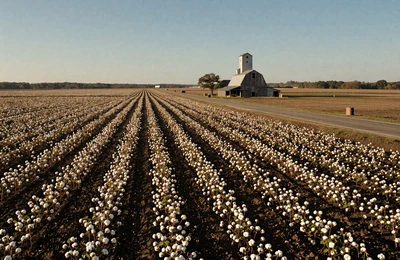 Montgomery area Black Belt farmland with rich dark soil and cotton fields along a two-lane road in rural Alabama