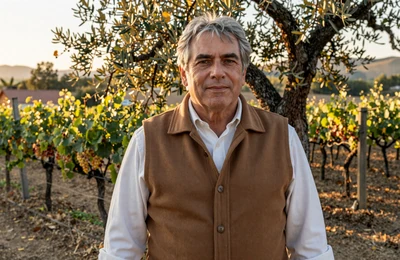 European heritage winemaker standing in a Sonoma County vineyard at golden hour