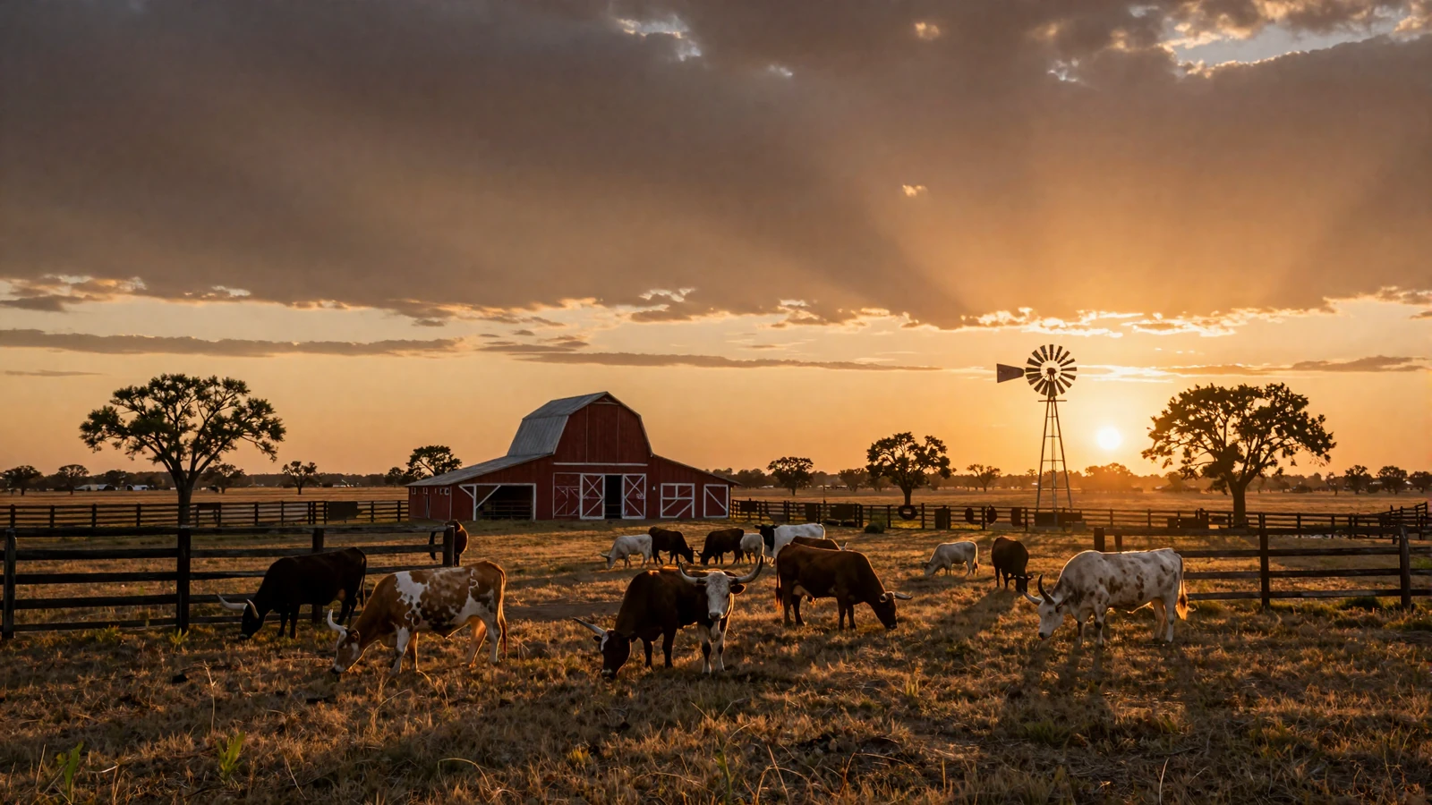 Texas cattle ranch at sunset with longhorn cattle grazing on vast open grasslands and classic windmill in the Lone Star State