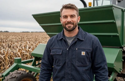Wayne, 44, Minnesota sugar beet farmer from the Red River Valley standing beside farm equipment on Yougotmatched