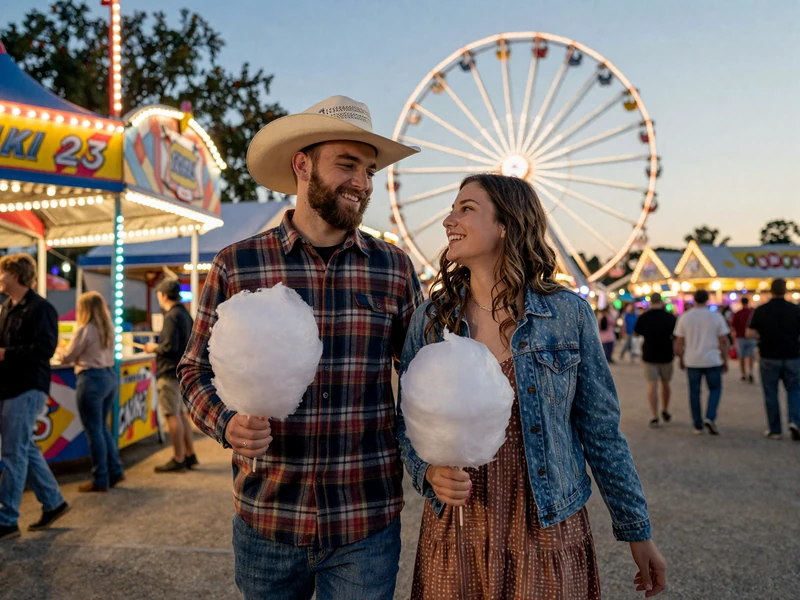 Happy couple enjoying an Arkansas county fair at dusk with carnival lights and a ferris wheel in the background