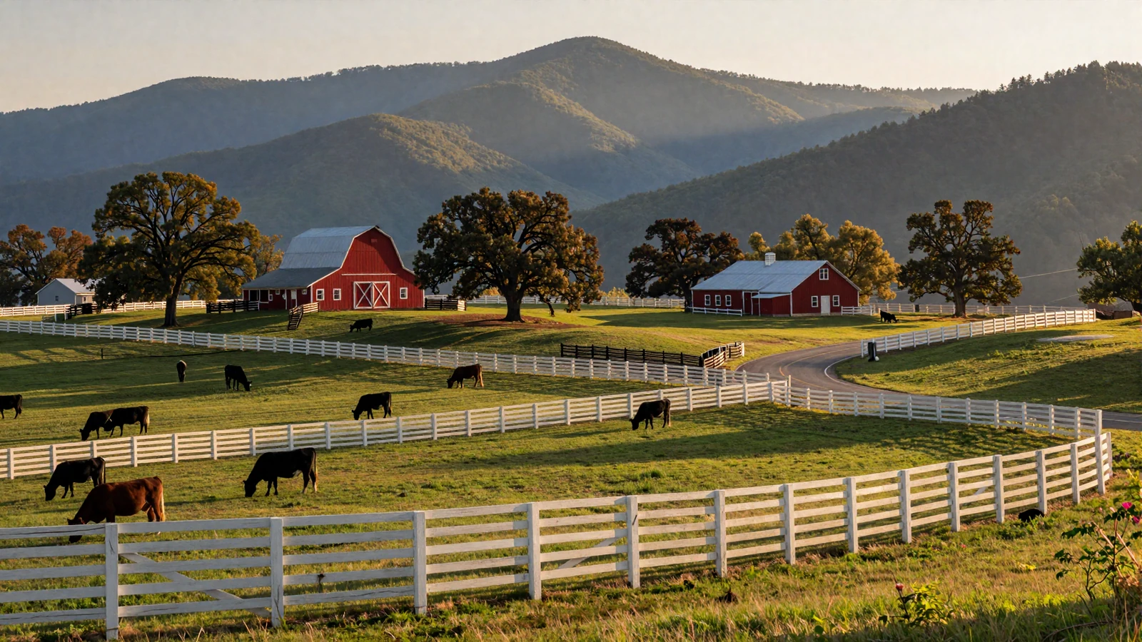 Tennessee rolling green pastures with white horse fences and red barns under golden sunset light with the Great Smoky Mountains in the background