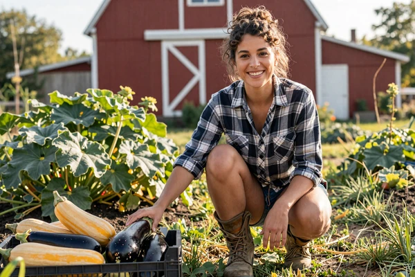 Miriam a 29-year-old Jewish-American farmer kneeling in her vegetable garden with freshly picked squash in upstate New York