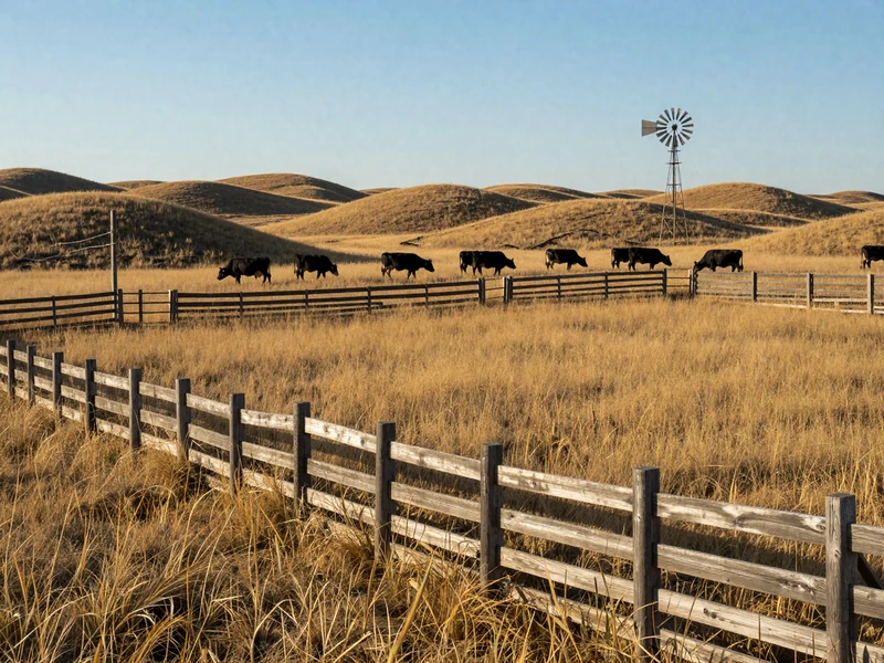 Nebraska Sandhills ranch with rolling grass-covered dunes, black Angus cattle grazing, and a windmill against clear blue sky