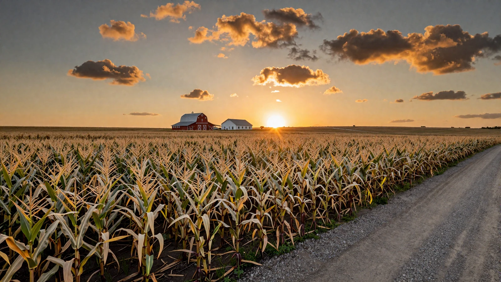 Nebraska Great Plains cornfields stretching to the horizon at golden hour with a red barn and farmhouse in the Cornhusker State countryside
