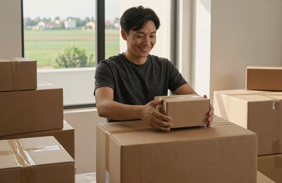 Person packing moving boxes in a city apartment with green farmland visible through the window