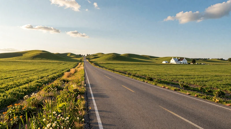 Long country road stretching through green farmland toward a distant farmhouse under golden afternoon light