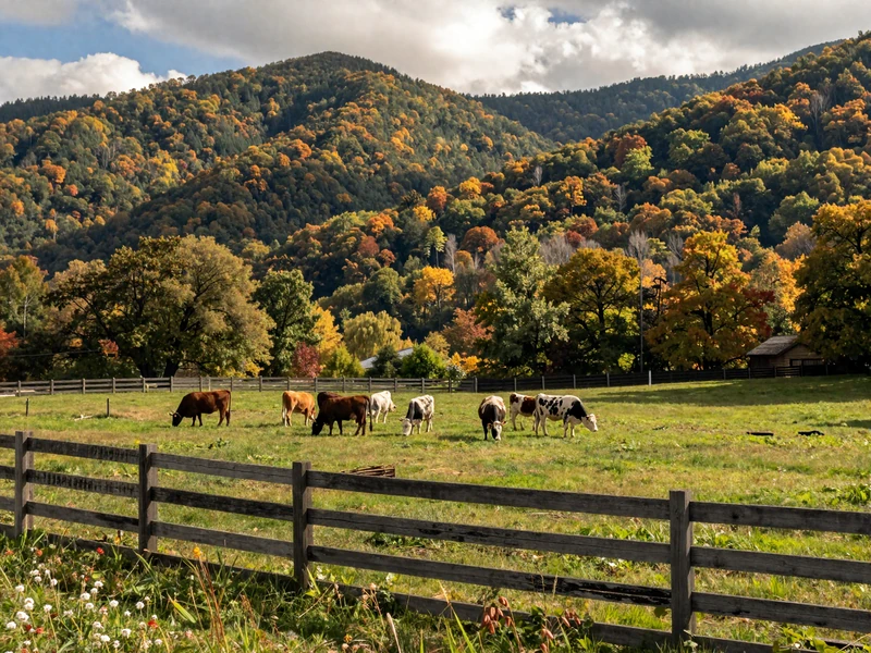 West Virginia mountain farm with cattle grazing on green pastures and Appalachian ridgelines in the background under warm afternoon sunlight