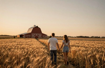 Couple walking hand in hand through a golden wheat field at sunset with a barn in the background