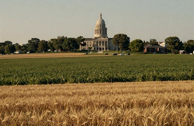 Springfield Illinois with the state capitol dome surrounded by green farmland and golden fields in warm light