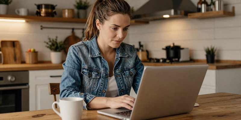 Woman checking online dating profiles on laptop at farmhouse kitchen table with warm lighting