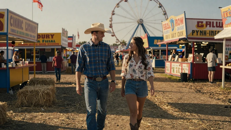 Couple enjoying a first date at a rural county fair with Ferris wheel and golden hour light in the American Midwest