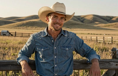 Cody, 36, Nebraska Sandhills rancher smiling by a wooden fence on his cattle ranch on Yougotmatched