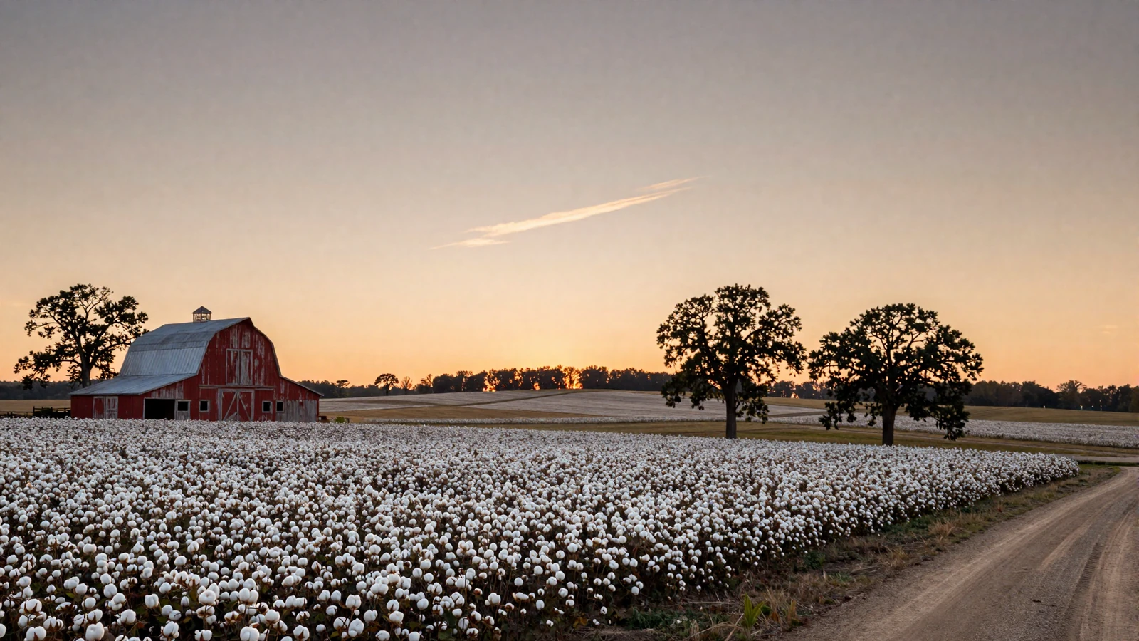 Alabama cotton fields stretching to the horizon at golden hour with a weathered red barn and pecan trees under a warm Southern sunset
