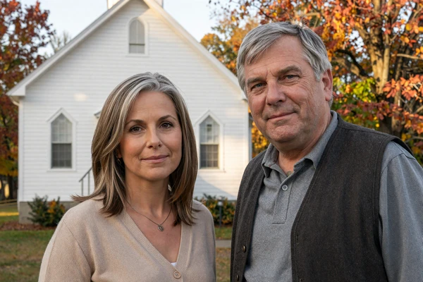 Karen and Robert, a mature farmer couple from Ohio, smiling together by a country church in autumn