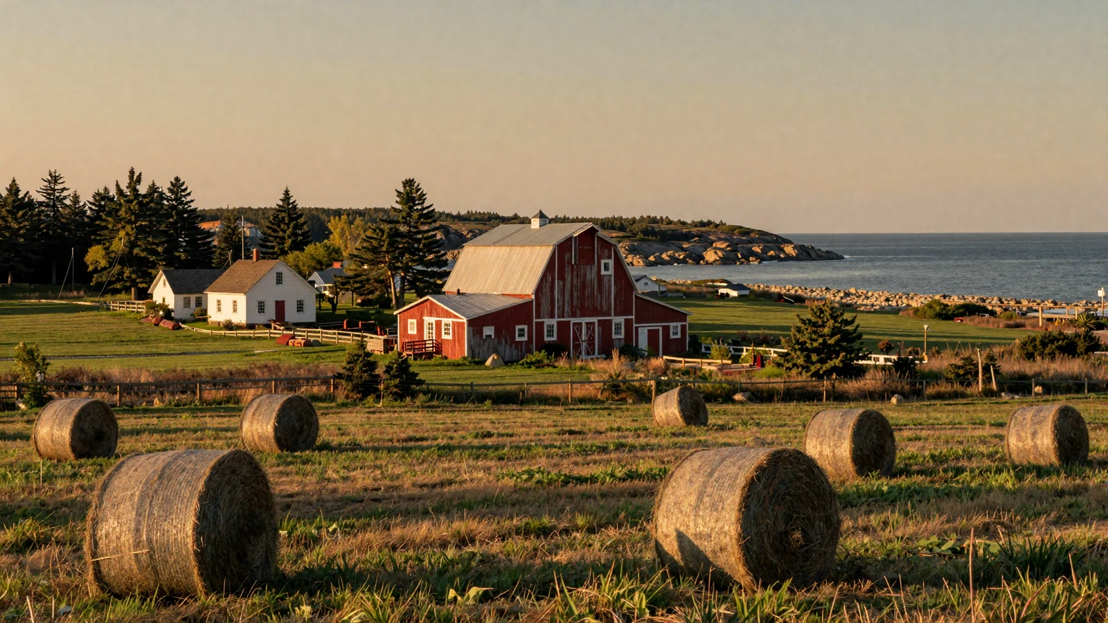 Maine coastal farmland at golden hour with a red barn nestled among green fields and pine trees with the rocky Atlantic coastline in the background