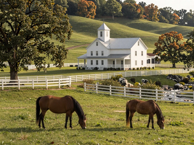 Beautiful Tennessee countryside with white farmhouse, green pastures, white horse fences, and mature oak trees in soft afternoon light