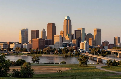 Minneapolis Minnesota skyline at dusk with surrounding farmland visible on the outskirts and Mississippi River winding through
