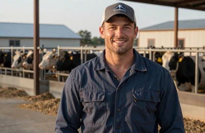 Derek, 43, Nebraska feedlot operator smiling in front of his cattle operation near Grand Island on Yougotmatched