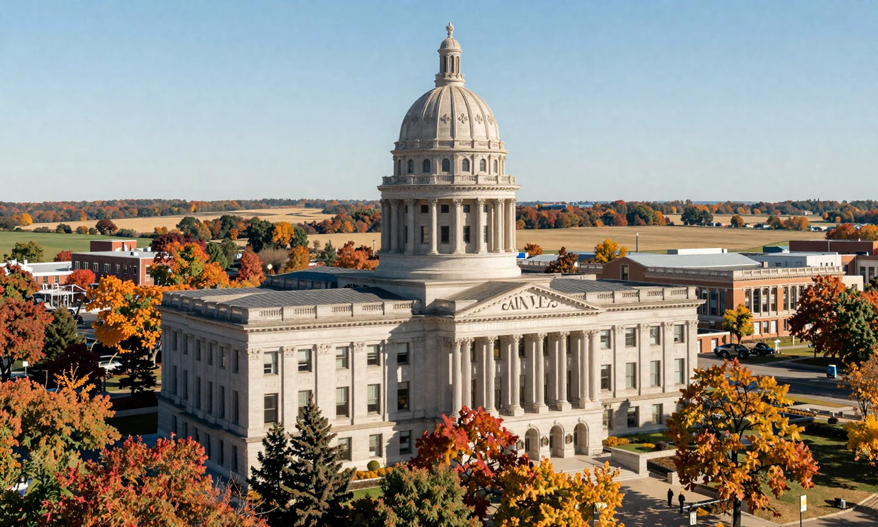 Lincoln Nebraska with the state capitol building and flat agricultural farmland visible on the outskirts