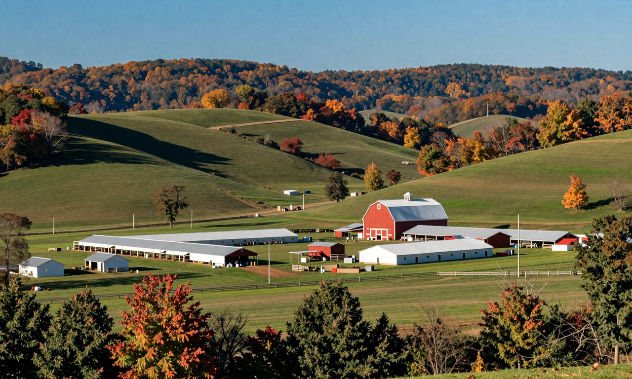 Northwest Arkansas Ozark hills with poultry farm and autumn foliage near Fayetteville