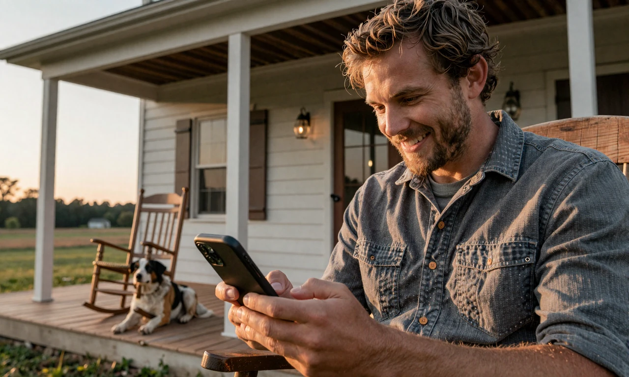 Farmer smiling at his phone on a Southern farmhouse porch with a dog at his feet at sunset