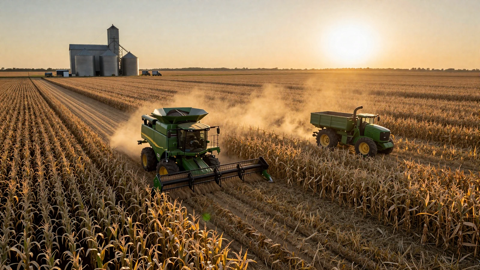 Massive combine harvester working through golden corn rows at sunset with grain elevators on the horizon in the Midwest