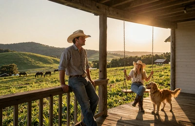 Farmer couple on a Tennessee farmhouse porch at sunset with rolling green hills and horse pastures behind