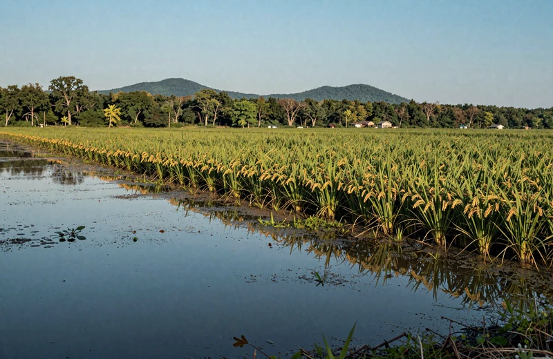 Arkansas Delta region rice fields reflecting blue sky with Ozark foothills beyond