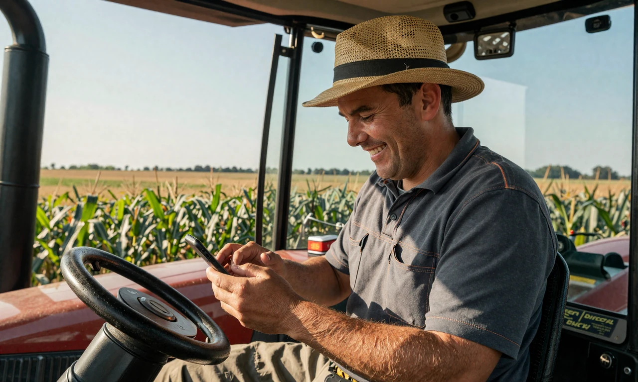 Farmer smiling at his phone inside a tractor cab with Nebraska cornfield visible through the windshield