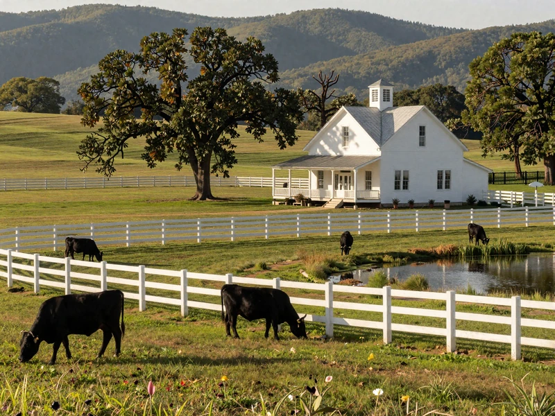 Missouri countryside with green rolling pastures, black Angus cattle grazing near a pond, a white farmhouse with Ozark hills in the background